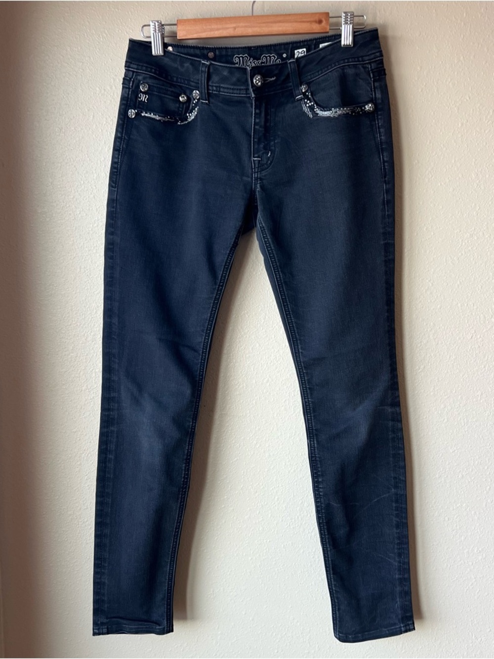 Miss Me Skinny Bling Jeans Women’s 29 Low Rise Faded Black Stretch 30” Inseam - Picture 2 of 14